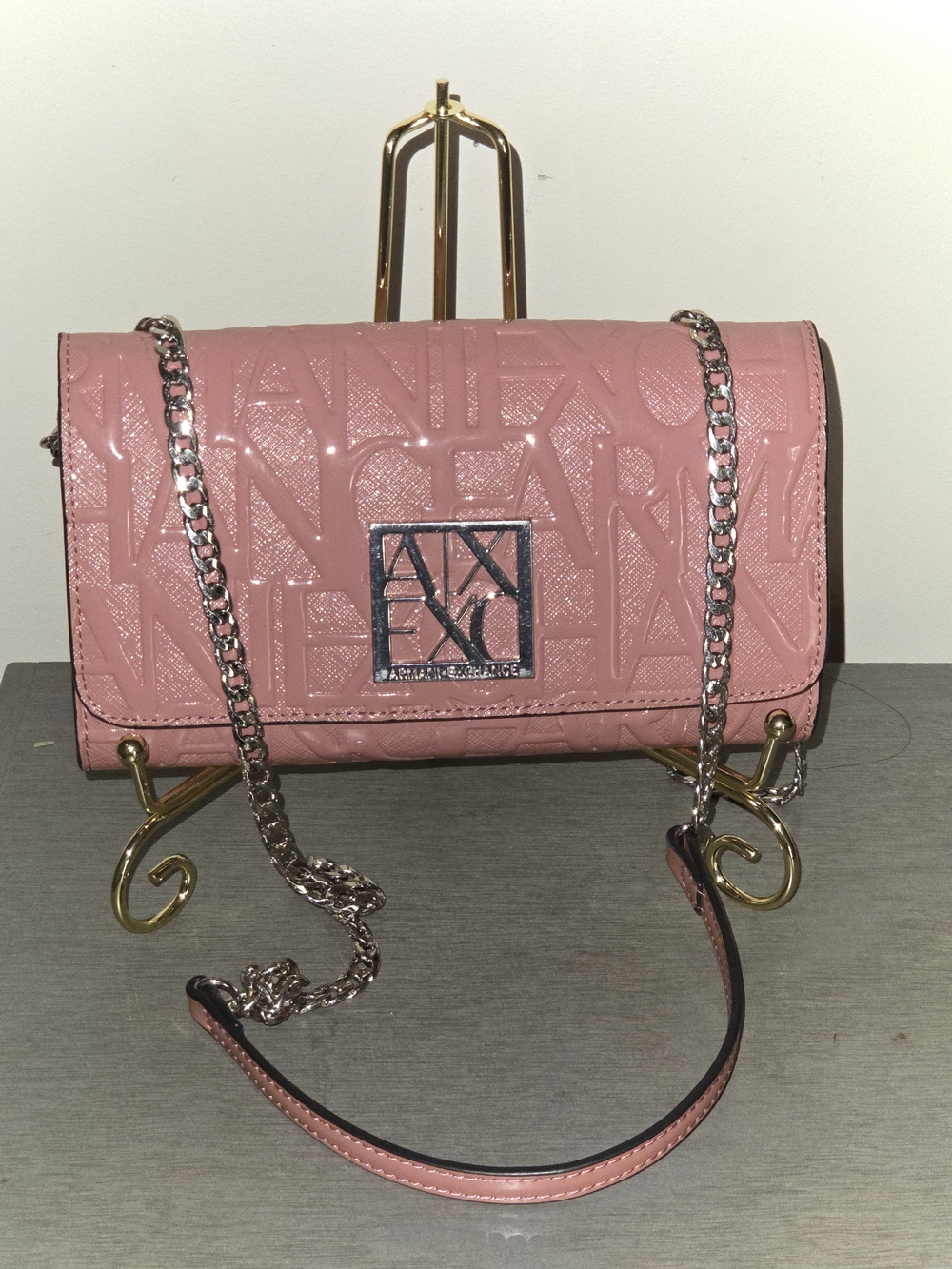 Armani Exchange Blush Pink Embossed Logo W/ Silver Chain Crossbody